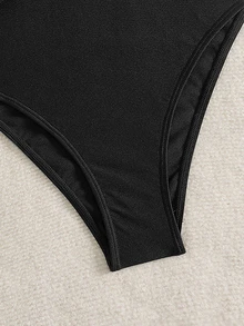 Bonvoyette Baju Renang Terusan Wanita Musim Semi/Panas untuk Festival Musik Pantai, Warna Cokelat Berkilau, Bahan Mengkilap, Bagian Belakang V Dalam, Tali Serut, Tali Bahu. - Hitam - View 4