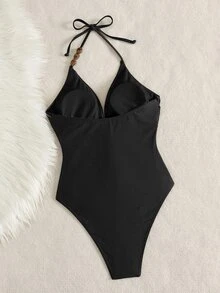 Bonvoyette Baju Renang Terusan Wanita Musim Semi/Panas untuk Festival Musik Pantai, Warna Cokelat Berkilau, Bahan Mengkilap, Bagian Belakang V Dalam, Tali Serut, Tali Bahu. - Hitam - View 2