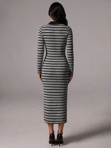 Avenya 女款黑白條紋 Polo 領修身長袖緊身洋裝 V 領，適合派對、早午餐、度假、法式休閒、情人節 - 彩色 - 查看 2