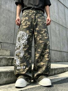 Manfinity EMRG 男士龍圖案印花迷彩寬鬆牛仔褲 Y2K 嘻哈寬腿迷彩丹寧長褲街頭風 - 軍綠色 - 查看 6