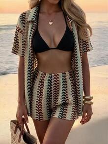 SHEIN Swim 春夏高端优雅新款彩色梭织短袖开衫配短裤度假风女士泳装套装 - 彩色 - 查看 4