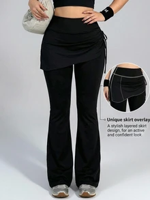 Dazy Plus Celana Legging Olahraga Hitam Pinggang Tinggi 2 in 1 Kerut Kaki Flare Slim Fit untuk Fitness Kasual Komuter dan Atletik - Hitam - View 6