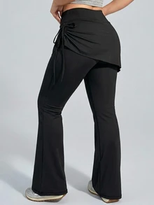 Dazy Plus Celana Legging Olahraga Hitam Pinggang Tinggi 2 in 1 Kerut Kaki Flare Slim Fit untuk Fitness Kasual Komuter dan Atletik - Hitam - View 2