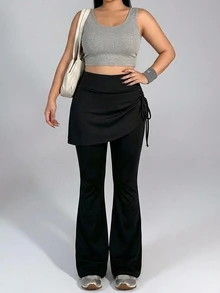 Dazy Plus Celana Legging Olahraga Hitam Pinggang Tinggi 2 in 1 Kerut Kaki Flare Slim Fit untuk Fitness Kasual Komuter dan Atletik - Hitam - View 4