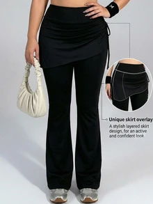 Dazy Plus Celana Legging Olahraga Hitam Pinggang Tinggi 2 in 1 Kerut Kaki Flare Slim Fit untuk Fitness Kasual Komuter dan Atletik - Hitam - View 1