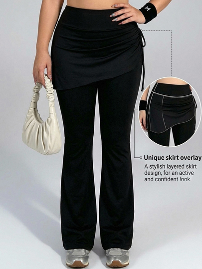 Dazy Plus High Waist Black 2 In 1 Pants Ruched Flare Leg Slim Fit Sports Fitness Casual Commute Athletic Leggings