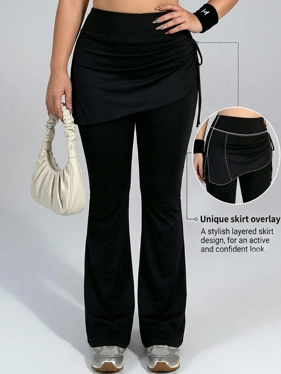 Dazy Plus Celana Legging Olahraga Hitam Pinggang Tinggi 2 in 1 Kerut Kaki Flare Slim Fit untuk Fitness Kasual Komuter dan Atletik - Hitam - View 1