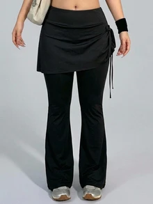 Dazy Plus Celana Legging Olahraga Hitam Pinggang Tinggi 2 in 1 Kerut Kaki Flare Slim Fit untuk Fitness Kasual Komuter dan Atletik - Hitam - View 5