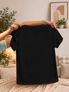 INAWLY Women Letter & Floral Print Round Neck Short Sleeve Casual T-Shirt, Summer, Christmas - Black - View 2