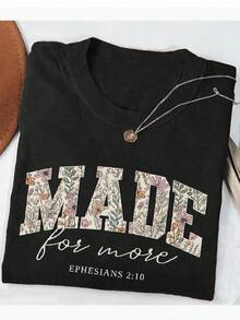 INAWLY Women Letter & Floral Print Round Neck Short Sleeve Casual T-Shirt, Summer, Christmas - Black - View 3