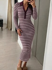 Avenya Women's Horizontal Striped Shirt Collar Button Half-Placket Slim Fit Bodycon Fashion Versatile Long Sleeve Dress - Multicolor - View 4