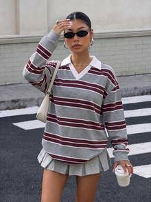 Muchica 女款 Polo 領長袖寬鬆運動衫，休閒極簡運動街頭風，百搭派對聚會機場穿搭 Y2K 上衣，學院風衛衣，女款秋季服飾，秋季穿搭，女款通勤穿搭，百搭上衣，外出穿搭，機場穿搭 - 彩色 - 查看 6