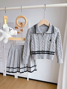 SHEIN Girls Pink Knit 2 Pieces Set, Cute Embroidered Rabbit Sweater + Knit Mini Skirt, Long Sleeve V-Neck Pullover With Twisted Rope Detail, Casual Elegant Style For Autumn/Winter - Grey - View 3