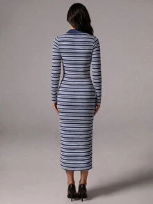 Avenya Women's Striped Polo Collar Fitted Long Sleeve V-Neck Bodycon Dress - Multicolor - View 2