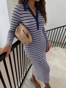 Avenya Women's Striped Polo Collar Fitted Long Sleeve V-Neck Bodycon Dress - Multicolor - View 1