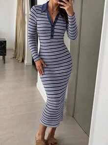 Avenya Women's Striped Polo Collar Fitted Long Sleeve V-Neck Bodycon Dress - Multicolor - View 4