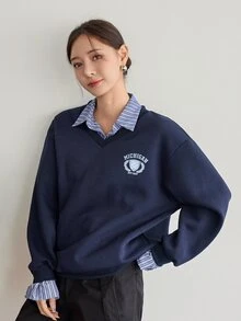 Dazy-Less Sweatshirt Patchwork Bergaris Kasual Musim Gugur/Dingin Wanita - Navy Blue - View 4