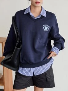 Dazy-Less Sweatshirt Patchwork Bergaris Kasual Musim Gugur/Dingin Wanita - Navy Blue - View 6