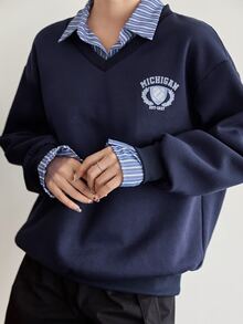 Dazy-Less Sweatshirt Patchwork Bergaris Kasual Musim Gugur/Dingin Wanita - Navy Blue - View 5