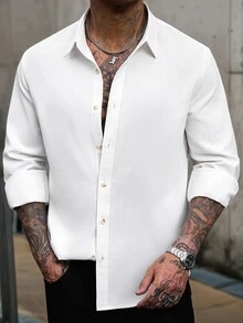Manfinity CasualCool 男士 Old Money 風格白色亞麻混紡寬鬆版型襯衫，極簡基礎單品，質感高級，適合日常穿著 - 白色 - 查看 5