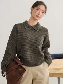 Dazy-Less Sweater Wanita Lengan Panjang Bergaris dengan Model Bahu Longgar, Musim Gugur/Dingin - Dark Green - View 3