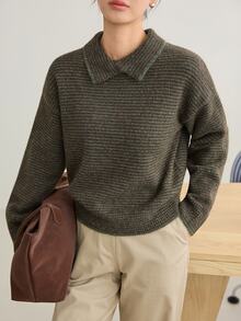 Dazy-Less Sweater Wanita Lengan Panjang Bergaris dengan Model Bahu Longgar, Musim Gugur/Dingin - Dark Green - View 4
