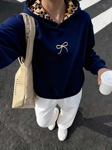 SHEIN 青少年女孩休閒可愛秋季風格豹紋毛絨帽子，五角星圖案印花，運動衫，生日校園女孩穿搭，海軍藍 - 藏蓝色 - 查看 8