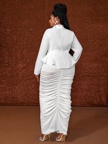 Maweii Plus Size Long Sleeve Elegant Pleated Bodycon French Style Commuter Blazer Suit Set - White - View 5