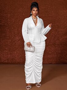 Maweii Plus Size Long Sleeve Elegant Pleated Bodycon French Style Commuter Blazer Suit Set - White - View 6