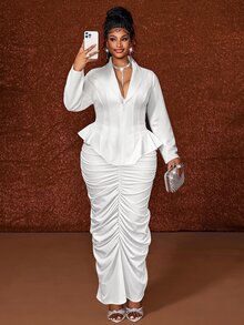 Maweii Plus Size Long Sleeve Elegant Pleated Bodycon French Style Commuter Blazer Suit Set - White - View 2