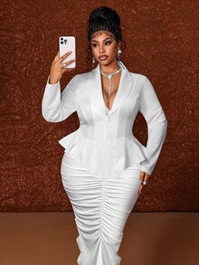 Maweii Plus Size Long Sleeve Elegant Pleated Bodycon French Style Commuter Blazer Suit Set - White - View 1