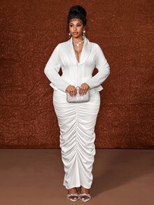 Maweii Plus Size Long Sleeve Elegant Pleated Bodycon French Style Commuter Blazer Suit Set - White - View 3