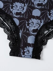 Betty Boop x SHEIN Women's Contrast Lace Cartoon Print Triangle Panties - Black - View 12