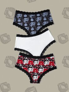 Betty Boop x SHEIN Women's Contrast Lace Cartoon Print Triangle Panties - Black - View 3