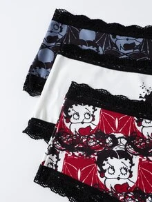 Betty Boop x SHEIN Women's Contrast Lace Cartoon Print Triangle Panties - Black - View 10