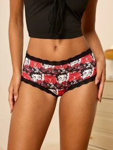 Betty Boop x SHEIN Women's Contrast Lace Cartoon Print Triangle Panties - Black - View 6