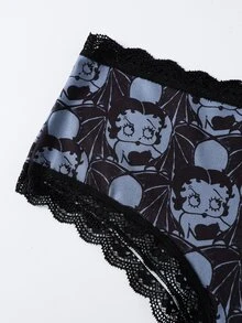 Betty Boop x SHEIN Women's Contrast Lace Cartoon Print Triangle Panties - Black - View 13