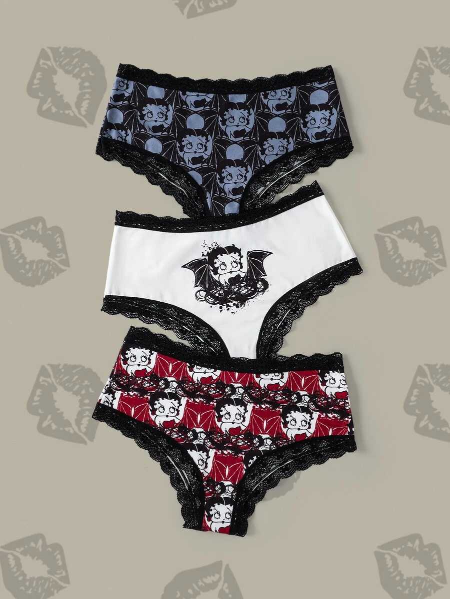 Betty Boop x SHEIN Women's Contrast Lace Cartoon Print Triangle Panties - Black - View 1