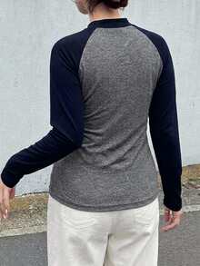 Dazy Plus Colorblock Patchwork Slim Fit Street Casual Short Length Long Sleeve Spring Autumn T-Shirt - Grey - View 5