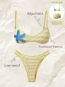 Elavelle Women's Spring/Summer Jacquard Fabric Spaghetti Strap Bikini Set Vacation Beach Blue And Yellow Yellow Tropical - White - View 1