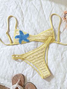 Elavelle Women's Spring/Summer Jacquard Fabric Spaghetti Strap Bikini Set Vacation Beach Blue And Yellow Yellow Tropical - White - View 3