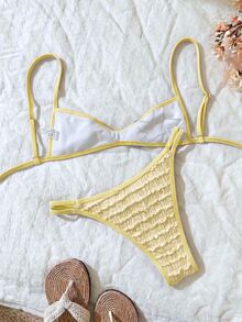 Elavelle Women's Spring/Summer Jacquard Fabric Spaghetti Strap Bikini Set Vacation Beach Blue And Yellow Yellow Tropical - White - View 4