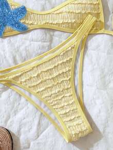 Elavelle Women's Spring/Summer Jacquard Fabric Spaghetti Strap Bikini Set Vacation Beach Blue And Yellow Yellow Tropical - White - View 6