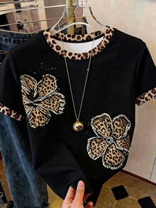 Resyla 女款大尺碼外套上衣，大尺碼夏季新款短袖，豹紋印花、花卉印花，節慶穿搭，攝影街頭風，棕色大尺碼T恤 - 彩色 - 查看 1