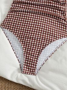 SHEIN Swim 女款格紋單肩皺褶可愛連身泳衣，藍白配色，夏季優雅度假風，適合泳池派對、海邊音樂節休閒穿搭 - 彩色 - 查看 4