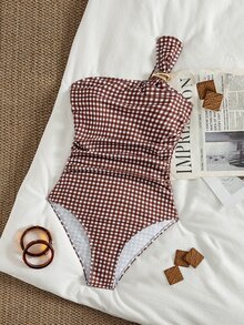 SHEIN Swim 女款格紋單肩皺褶可愛連身泳衣，藍白配色，夏季優雅度假風，適合泳池派對、海邊音樂節休閒穿搭 - 彩色 - 查看 7