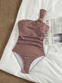 SHEIN Swim 女款格紋單肩皺褶可愛連身泳衣，藍白配色，夏季優雅度假風，適合泳池派對、海邊音樂節休閒穿搭 - 彩色 - 查看 5