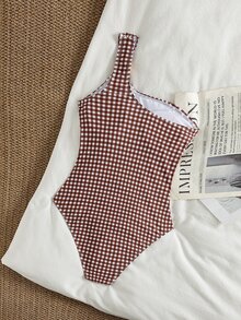 SHEIN Swim 女款格紋單肩皺褶可愛連身泳衣，藍白配色，夏季優雅度假風，適合泳池派對、海邊音樂節休閒穿搭 - 彩色 - 查看 2