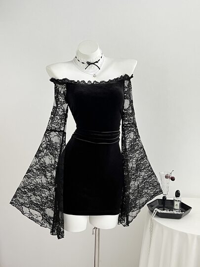 Elamini Women's Autumn/Winter Black Velvet & Lace Patchwork Square Neck Flare Sleeve Ruched Waist Fitted Mini Dress, Elegant Vintage Style For Party, Shopping, Dating, Casual Wear, Versatile