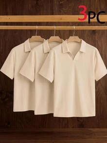 HIMLAND 3pcs/Pack Summer Men's Minimalist Ice Silk Feel Short Sleeve Polo Shirts - Apricot - View 6